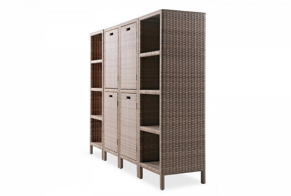 Cabinet modulo 2 ante polyrattan jollygiuncoeu wicker modular storage cabinet with open shelves on the ends and closed louvered doors in the center standing on short legs