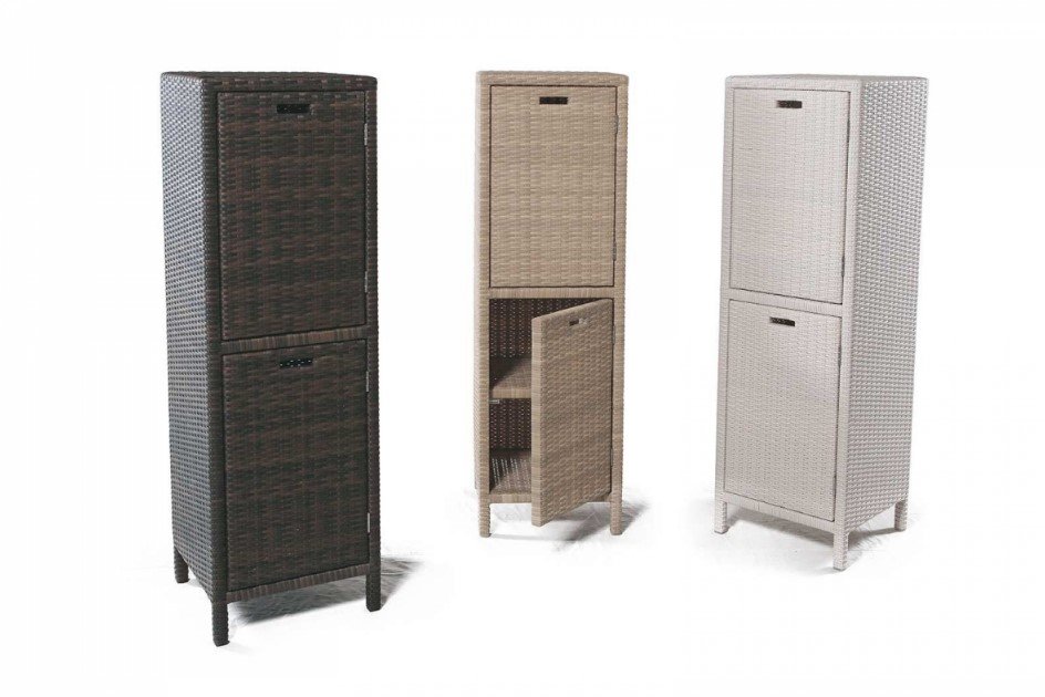 Cabinet modulo 2 ante polyrattan1 jollygiuncoeu three tall wicker storage cabinets in dark brown natural beige and light gray each with two doors the middle door is open revealing a shelf inside