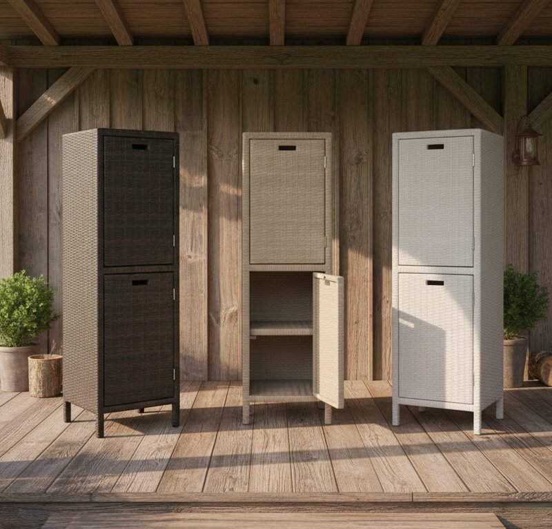 Three tall outdoor storage cabinets on a wooden porch, center unit door open to reveal shelves, with plants nearby.