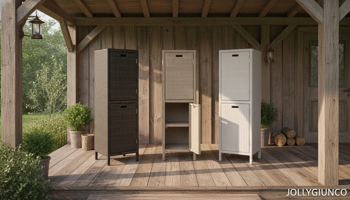Cabinet modulo 2 ante polyrattan10 jollygiuncoeu three tall outdoor storage cabinets on a wooden porch center unit door open to reveal shelves with plants nearby