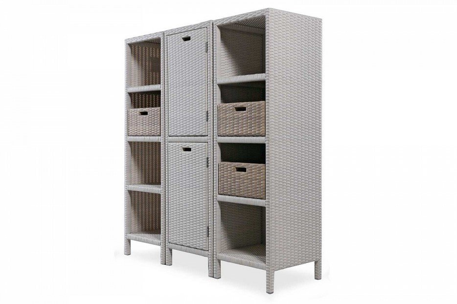Cabinet modulo 2 ante polyrattan2 jollygiuncoeu light gray woven storage cabinet with open shelves and two pull out baskets on the right side