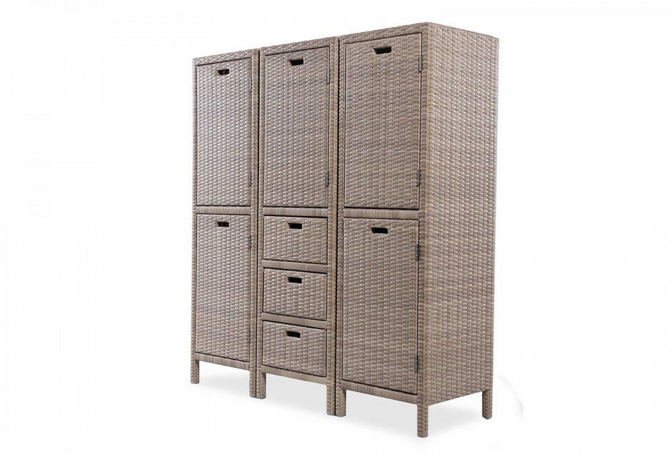 Cabinet modulo 2 ante polyrattan3 jollygiuncoeu wicker storage cabinet set with three tall units and a center drawer column on a light background