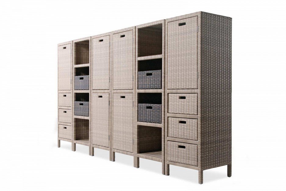 Cabinet modulo 2 ante polyrattan5 jollygiuncoeu row of tall beige wicker storage cabinets with open shelves drawers and dark baskets for organizing items