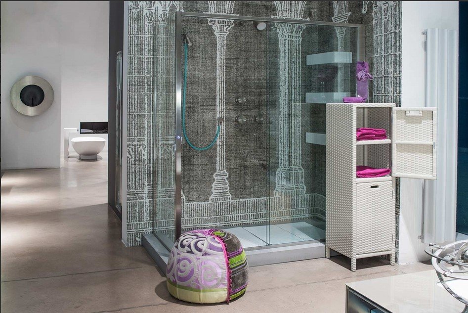 Cabinet modulo 2 ante polyrattan6 jollygiuncoeu contemporary bathroom with a glass shower enclosure arched pattern wall mural and a white wicker cabinet with pink towels