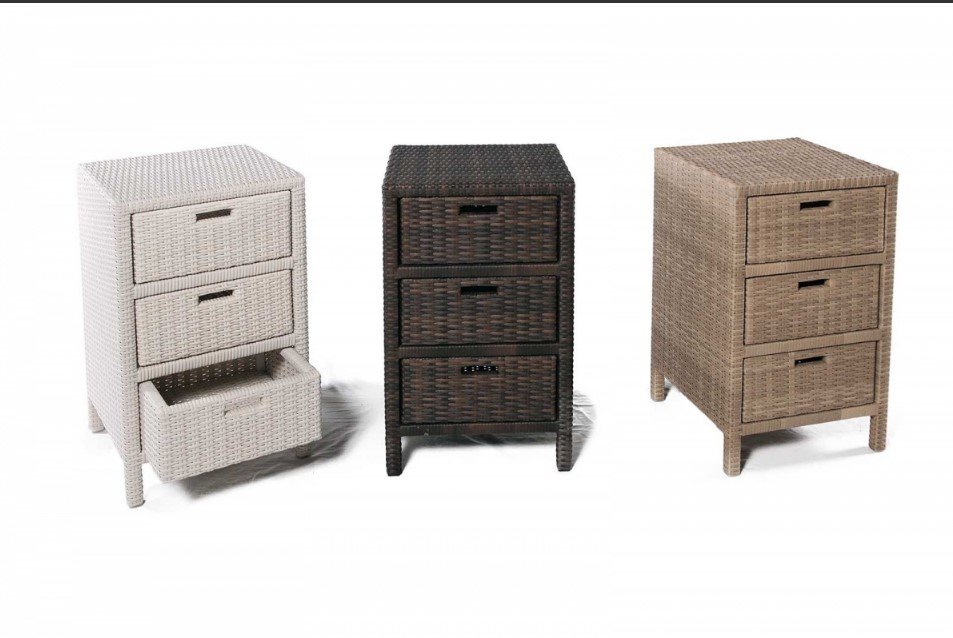Cabinet modulo 3 cassetti Polyrattan jollygiuncoeu three woven wicker storage chests with three drawers each in white dark brown and natural beige the leftmost drawer is pulled out slightly