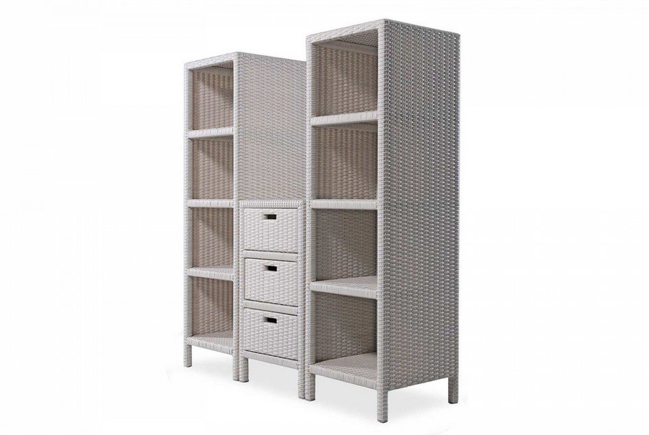 Cabinet modulo 3 cassetti Polyrattan 2 jollygiuncoeu woven white storage unit with two tall open shelving towers and a central three drawer cabinet