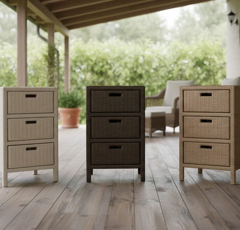 Three wicker storage chests with three drawers each in light beige, dark brown, and tan, lined up on a wooden outdoor porch with potted plants in the background.
