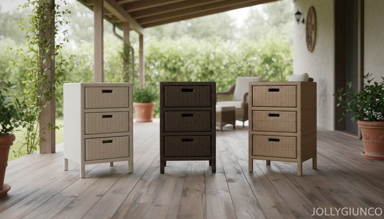 Cabinet modulo 3 cassetti Polyrattan10 jollygiuncoeu three wicker storage chests with three drawers each in light beige dark brown and tan lined up on a wooden outdoor porch with potted plants in the background