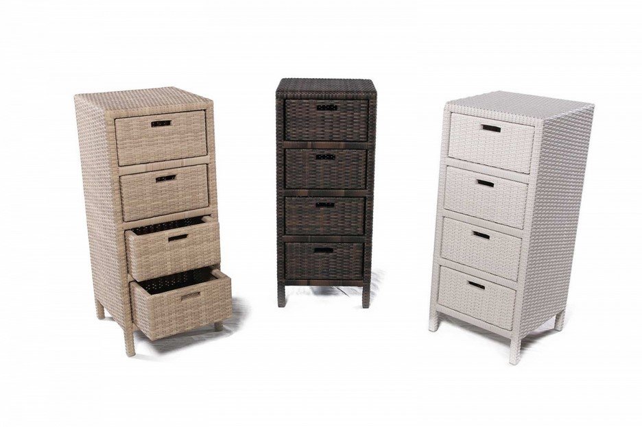 Cabinet modulo 4 cassetti jollygiuncoeu three wicker storage chests with four drawers each in natural beige dark brown and light gray standing side by side