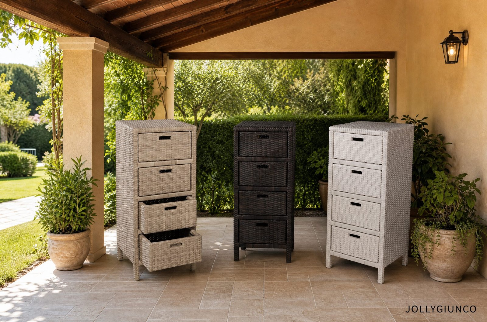 Cabinet modulo 4 cassetti10 jollygiuncoeu outdoor patio scene with four wicker storage units in light gray dark brown and light beige under a wooden pergola potted plants nearby