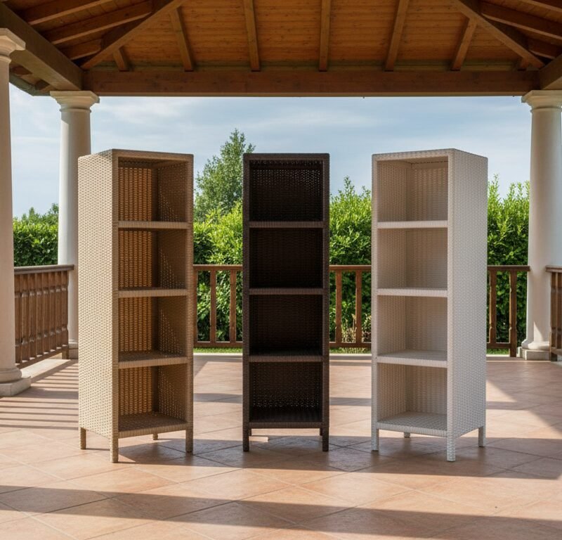 Three tall wicker shelving units in brown, dark brown, and white, arranged on a tiled patio under a wooden gazebo.