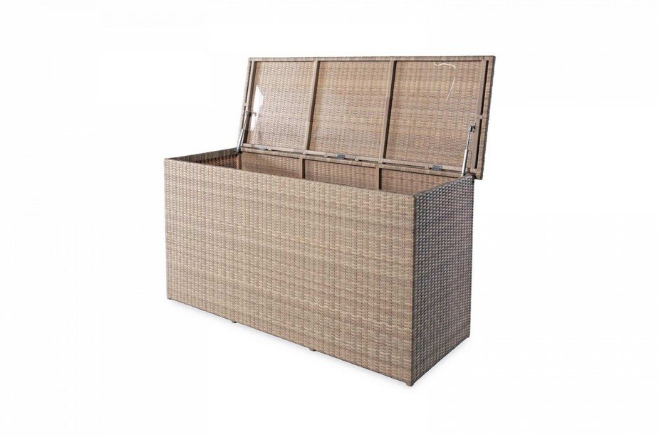 Cushion box baule Polyrattan jollygiuncoeu open wicker storage chest with hinged lid revealing a deep interior outdoorsy brown rattan finish