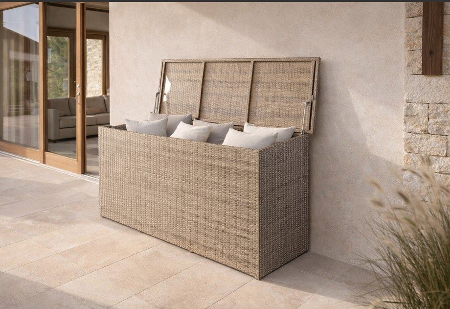 Cushion box baule Polyrattan1 jollygiuncoeu wicker storage bench with a hinged lid open lined with light cushions on a tiled patio beside a glass door entrance on a beige stucco wall