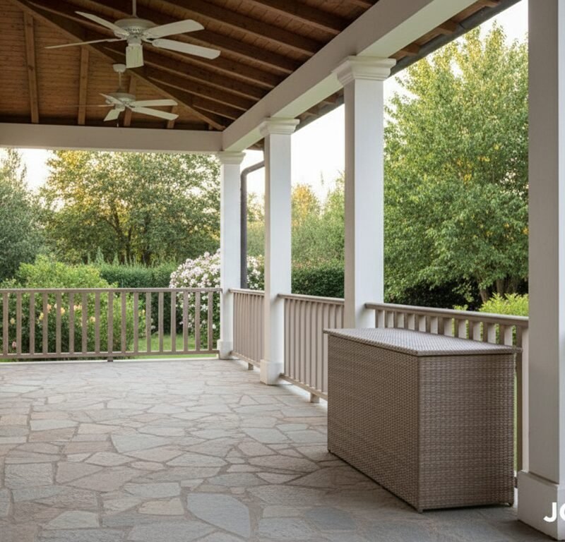 Wide covered porch with stone-tile floor, white columns, and a wicker storage chest overlooking a lush garden.