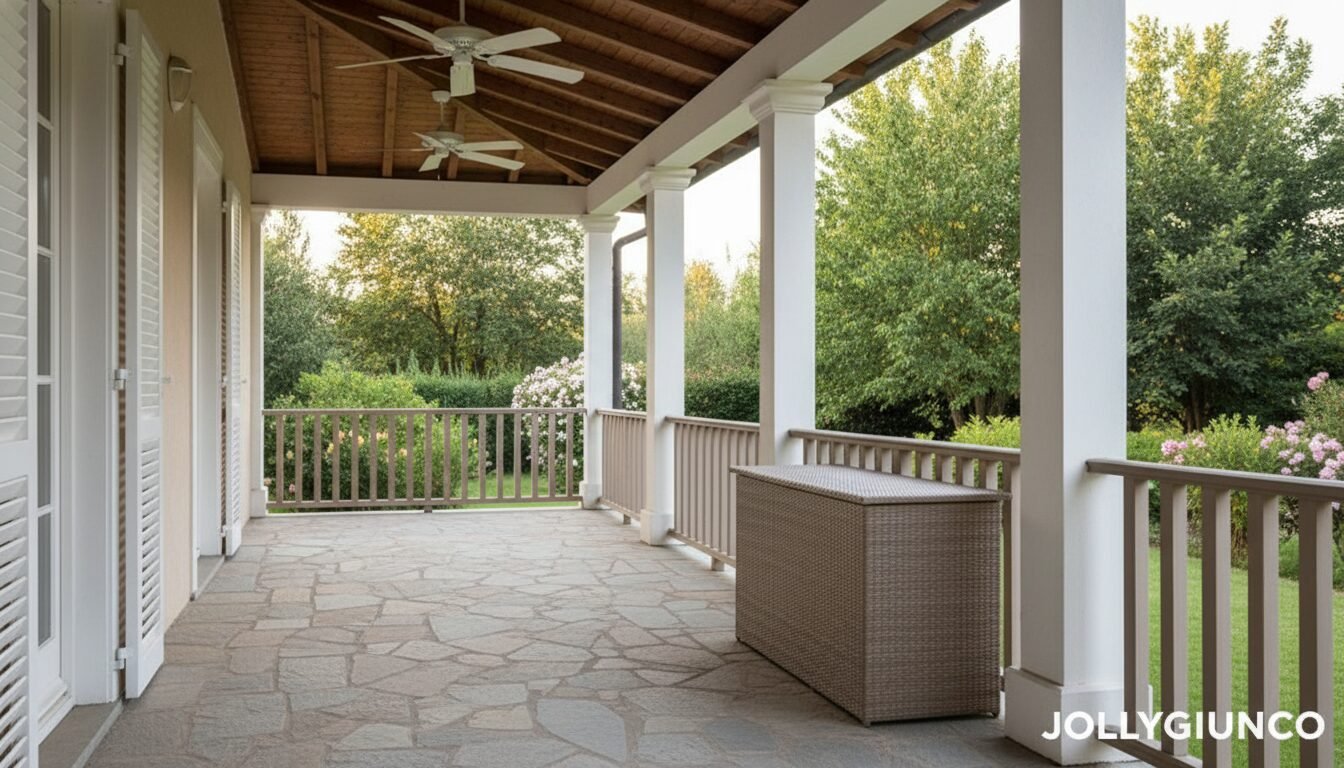 Cushion box baule Polyrattan10 jollygiuncoeu wide covered porch with stone tile floor white columns and a wicker storage chest overlooking a lush garden