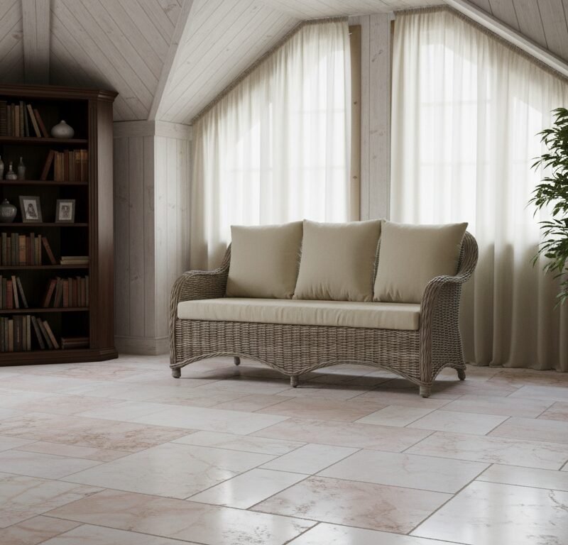 Wicker sofa with beige cushions in a bright living room with a tall bookshelf and sheer-curtained windows