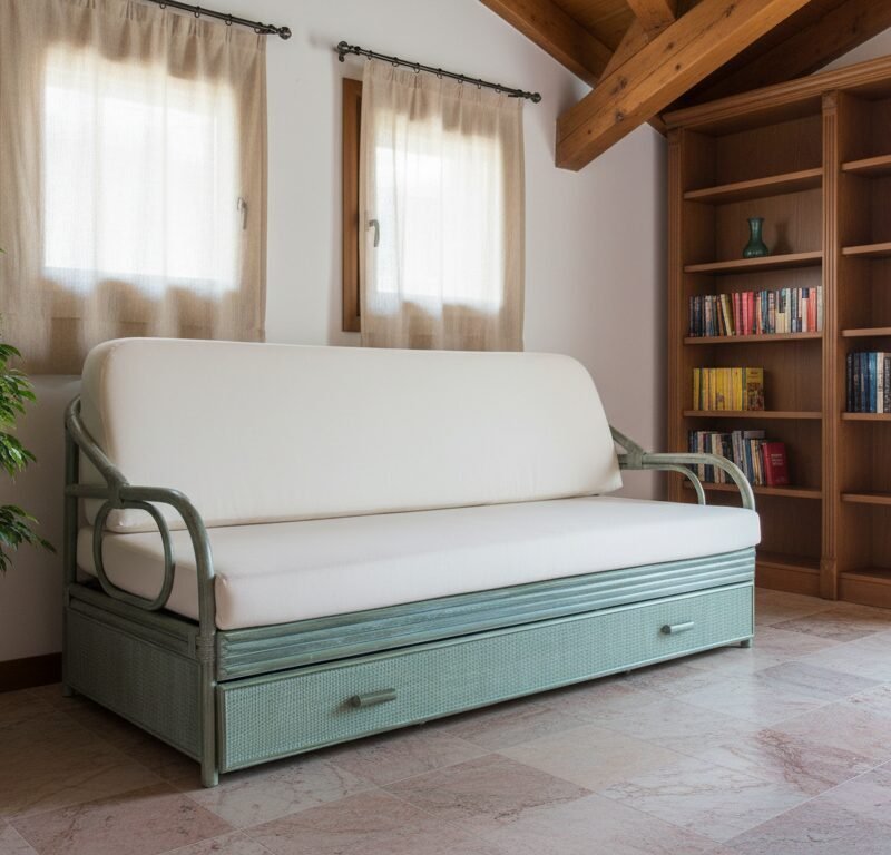 Cozy living-room corner with a mint-green sofa bed, white cushions, a potted plant, and a large wooden bookshelf under exposed beams.