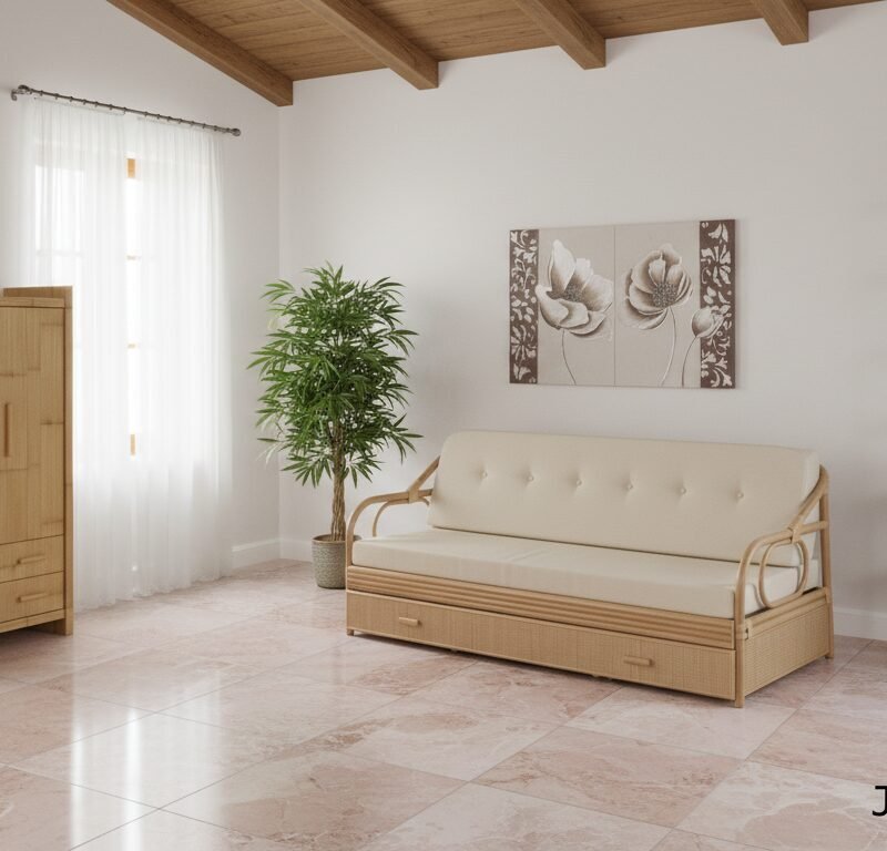 Bright living room with a beige wicker sofa, wooden cabinet, green metal shelf, potted plant, and floral wall art under a wooden-beam ceiling.