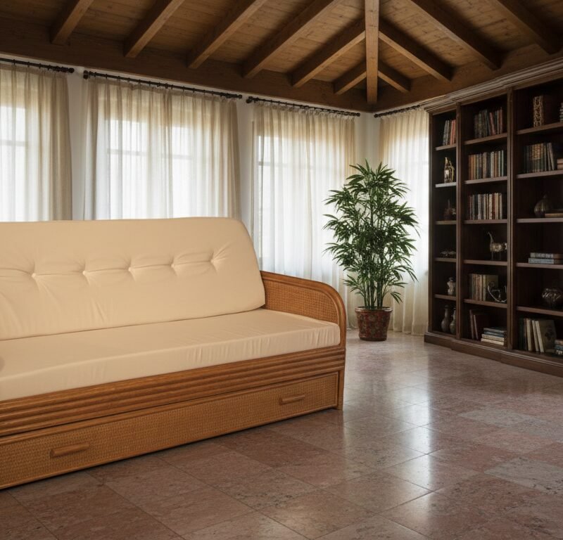Cream upholstered wicker sofa in a sunlit living room with a tall bookshelf and a potted plant by large windows with sheer curtains.