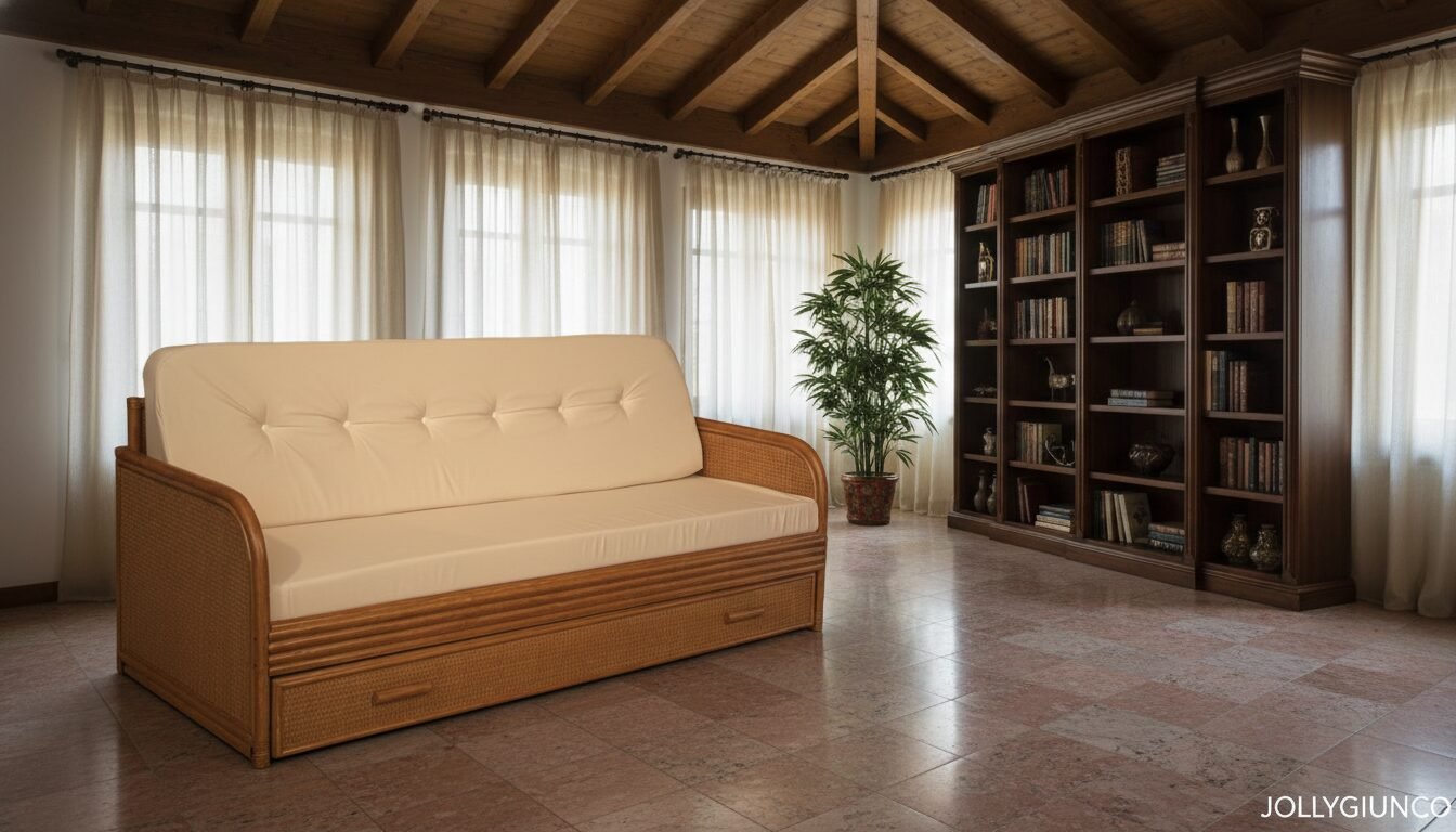 Divano Letto Irina in Rattan jollygiuncoeu cream upholstered wicker sofa in a sunlit living room with a tall bookshelf and a potted plant by large windows with sheer curtains