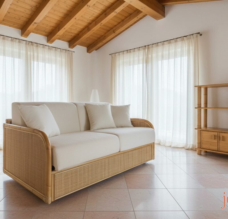 Bright living room with a beige wicker sofa, white cushions, and sheer curtains by large windows under a wooden vaulted ceiling.
