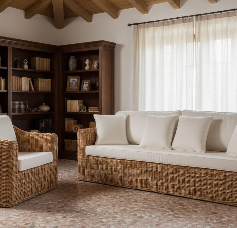 Wicker sofa and matching armchairs with cream cushions in a cozy living room, with a tall bookcase, potted plant, and sheer-curtained window.