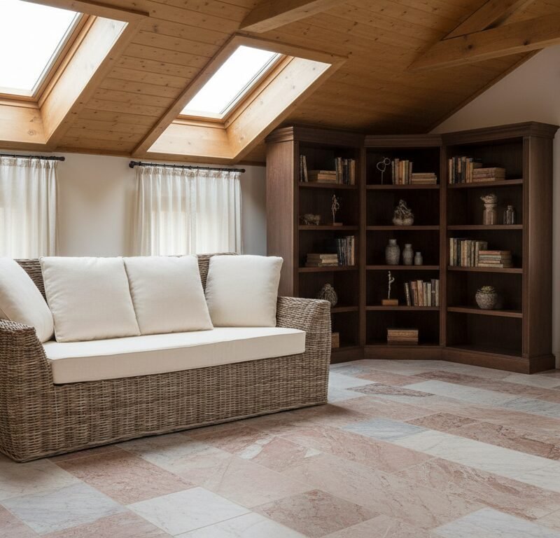 Cozy attic living room with a wicker sofa, cream cushions, tall wooden bookshelf, potted plant, and skylights.