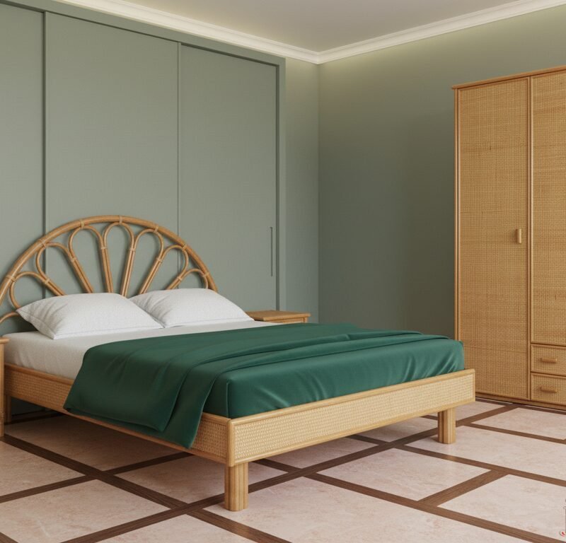 Wicker bed with green bedding flanked by matching nightstands in a green-walled bedroom with a large wicker wardrobe.