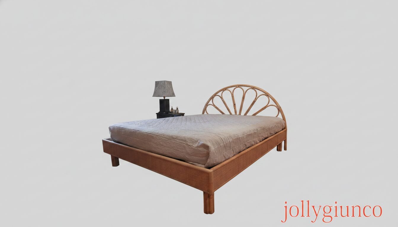 Letto Margherita Matrimoniale in Rattan 1 jollygiuncoeu wooden bed with a woven semi circular headboard and gray mattress set in a neutral studio with a small nightstand and lamp beside it