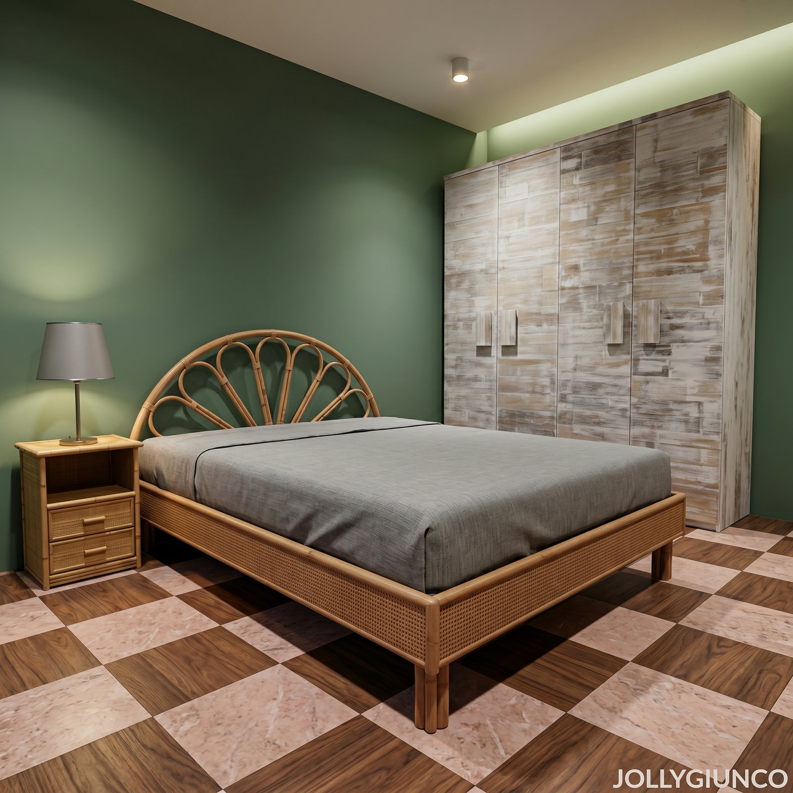 Letto Margherita Matrimoniale in Rattan 3 jollygiuncoeu bedroom with olive green walls a woven rattan bed frame and a tall distressed wood wardrobe a small wooden nightstand and gray bedding are visible with checkered floor tiles beneath
