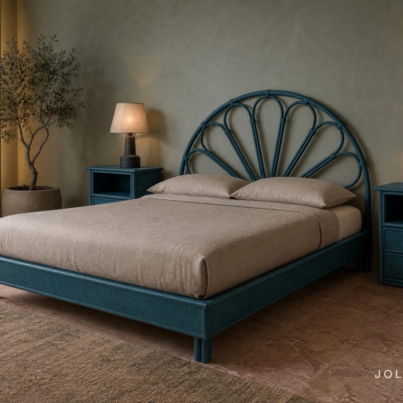 Teal metal bed with beige bedding flanked by blue nightstands and warm-lamplight in a muted green bedroom.