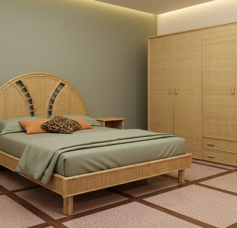 Wicker bedroom set with a large arched headboard, green bedding, two nightstands, and a tall wardrobe.