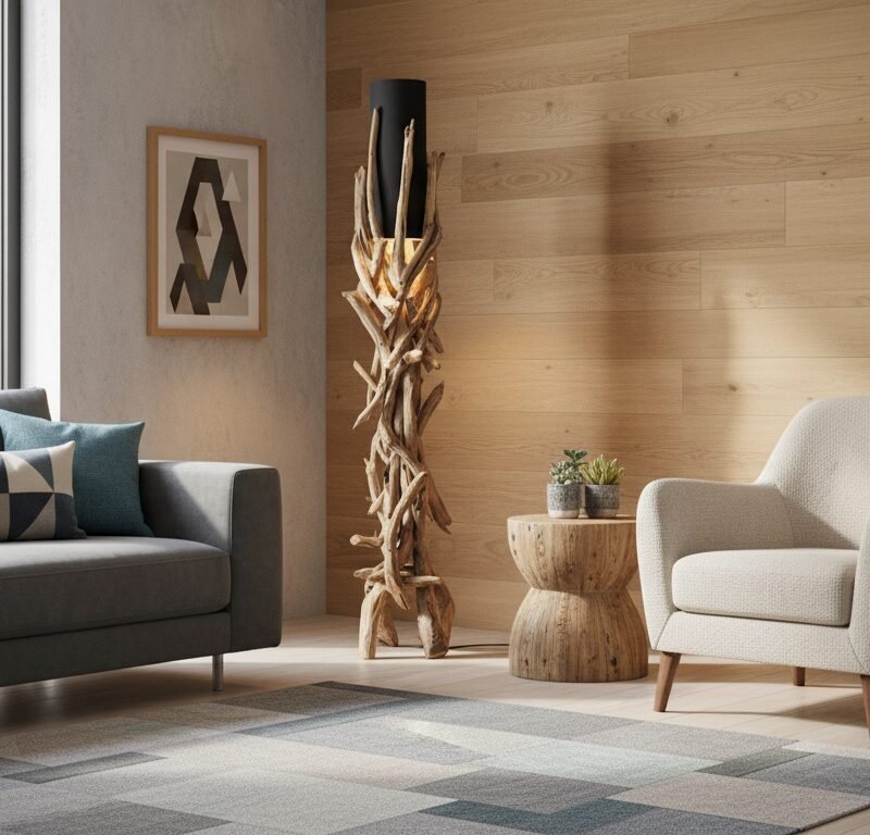Modern living room scene with a grey sofa, beige armchair, geometric art on the wall, and a sculptural driftwood piece by a round wooden table with small potted plants nearby.