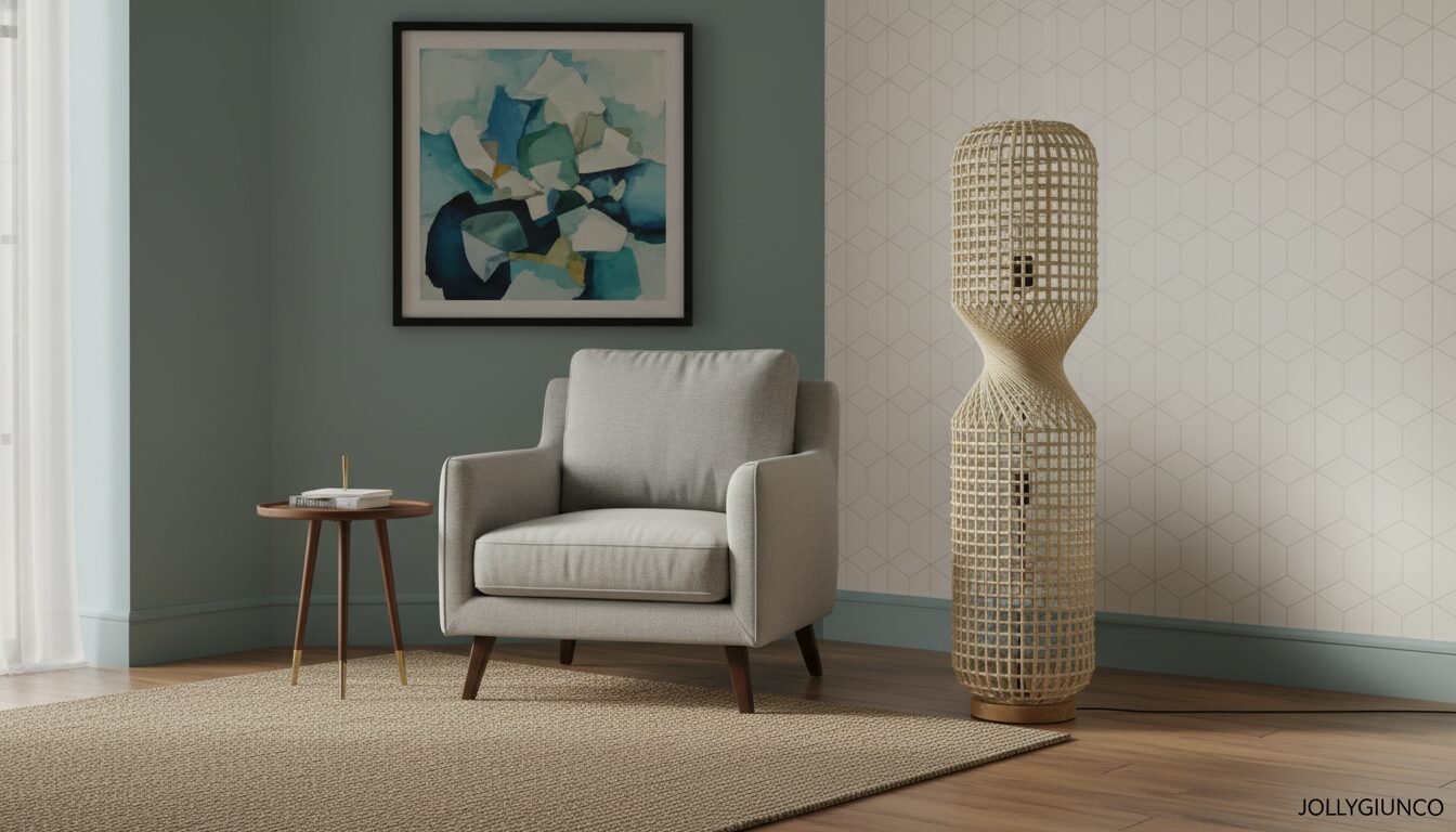 PIANTANA MALABO BEIGE H104 10 jollygiuncoeu cozy living room corner with gray armchair round wooden side table abstract blue painting and tall wicker lamp