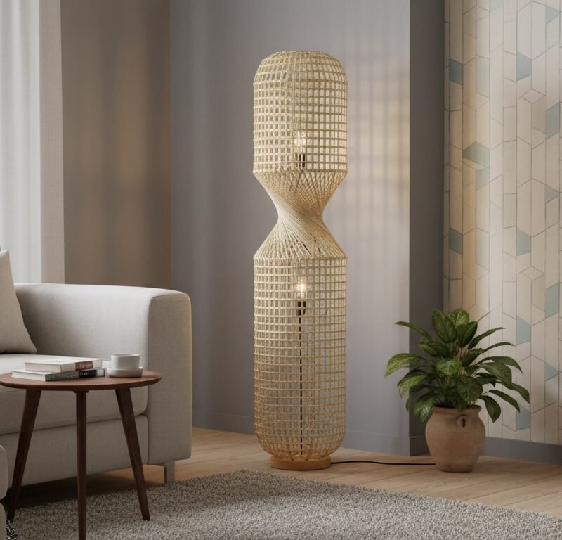 Cozy living room with a tall woven wicker floor lamp beside a beige sectional, a round wood table, books, and a plant.