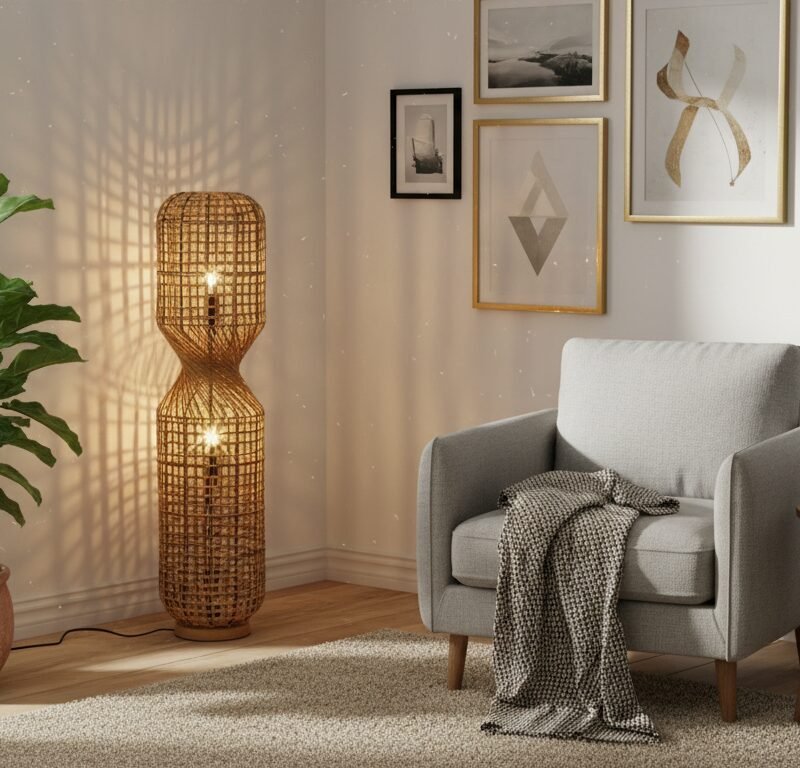 Cozy living room corner with a gray armchair, woven floor lamp, potted plant, and a side table with a cup and books.