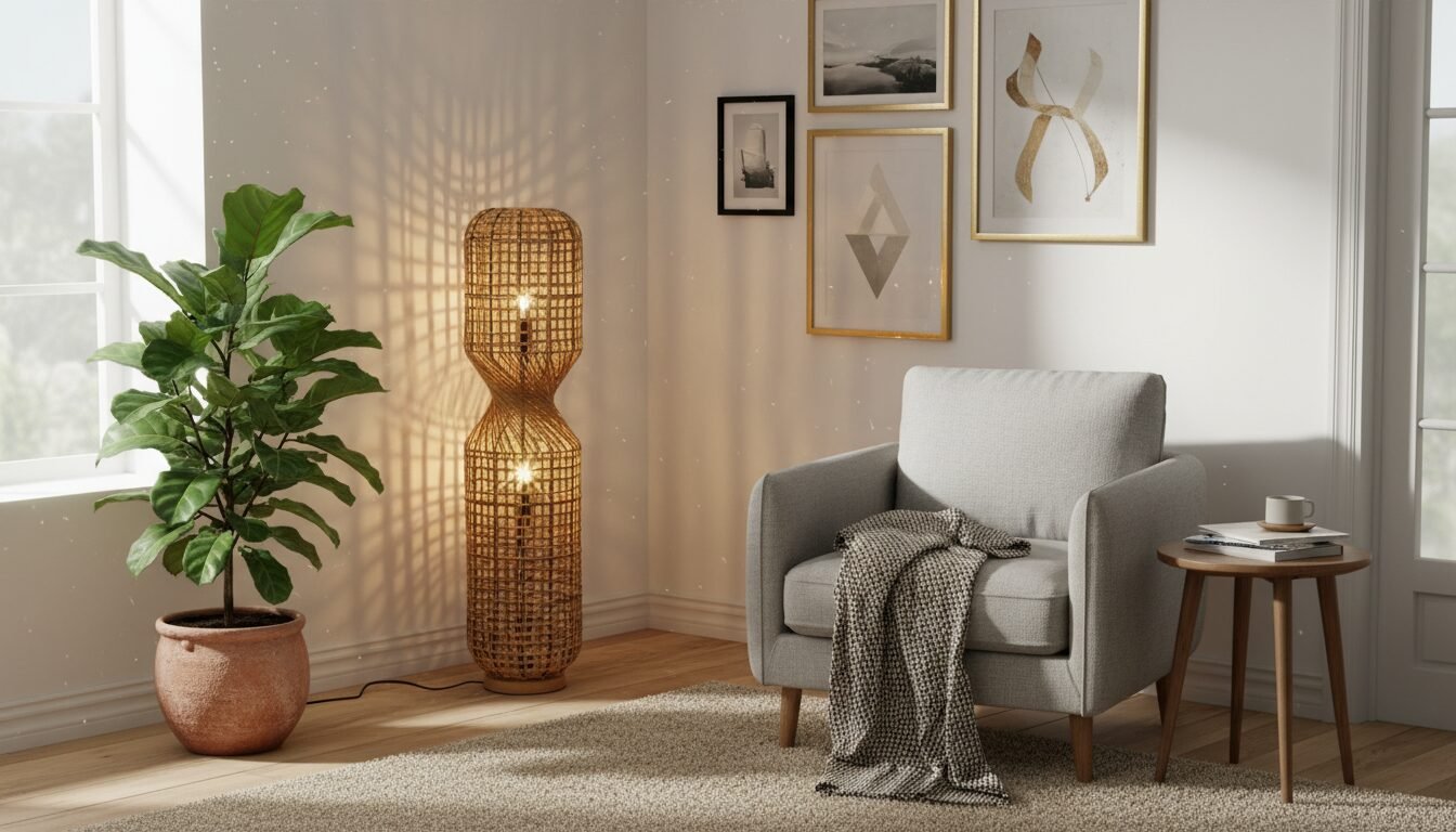 PIANTANA MALABO NATURALE H104 10 jollygiuncoeu cozy living room corner with a gray armchair woven floor lamp potted plant and a side table with a cup and books