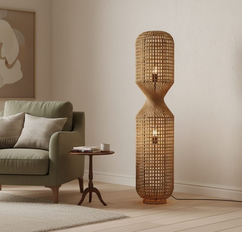 Cozy living room corner with a green armchair, two decorative cushions, a round wooden side table, and a tall woven wicker floor lamp. Abstract wall art hangs nearby in a softly lit space.