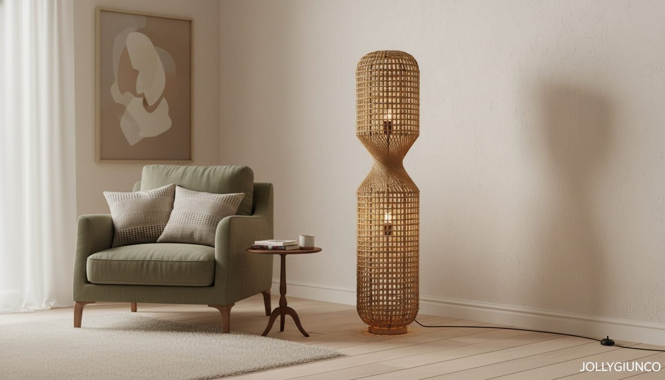PIANTANA MALABO NATURALE H135 10 jollygiuncoeu cozy living room corner with a green armchair two decorative cushions a round wooden side table and a tall woven wicker floor lamp abstract wall art hangs nearby in a softly lit space