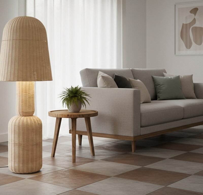Modern living room with a tall woven floor lamp beside a beige sofa and a small wooden side table with a potted plant.