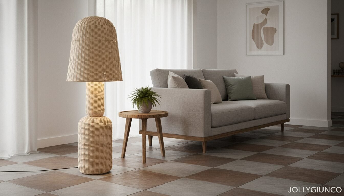PIANTANA SIKKIM RATTAN H128 10 jollygiuncoeu modern living room with a tall woven floor lamp beside a beige sofa and a small wooden side table with a potted plant