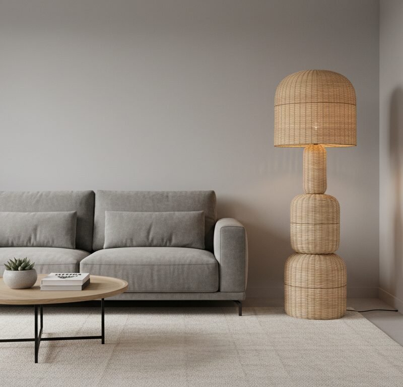 Living room with a gray sofa, round wooden coffee table, and a tall stacked wicker lamp in a neutral-toned space