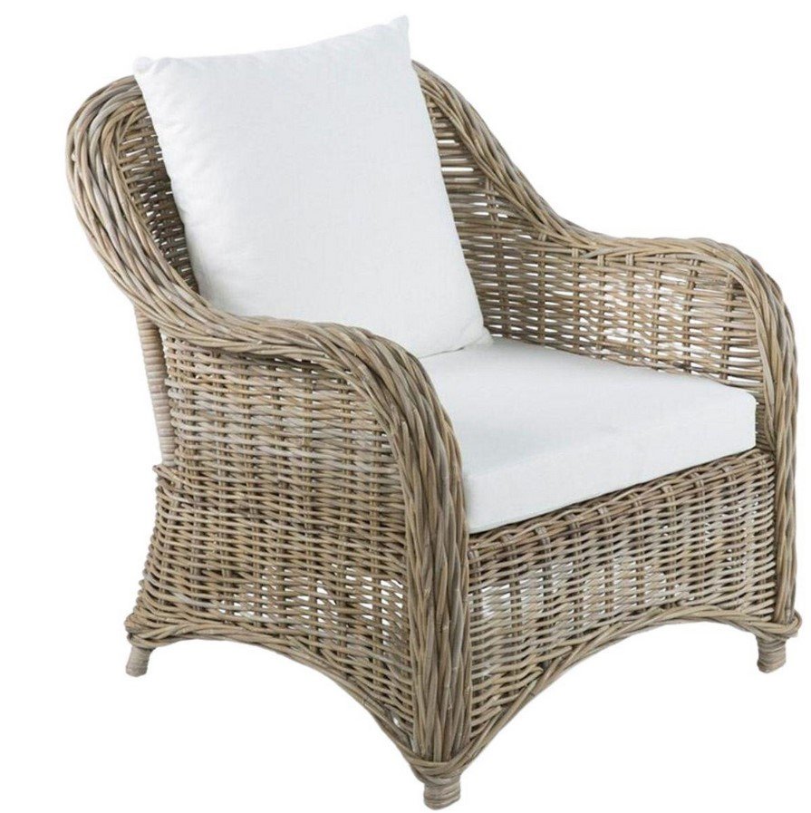 Poltrona Katrina in Kubu Grey jollygiuncoeu wicker armchair with white cushions suitable for outdoor use