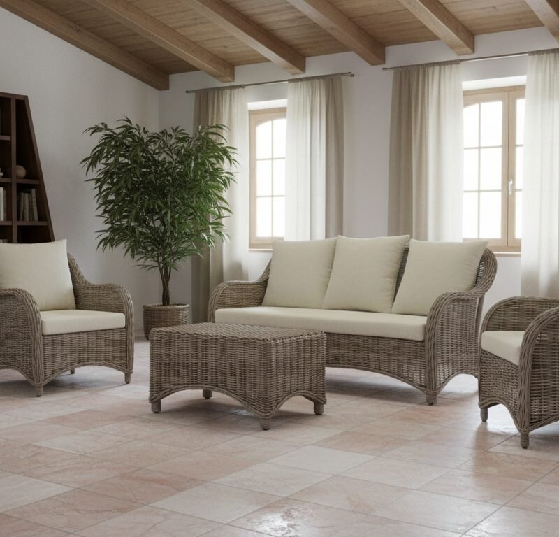 Cozy living room with a wicker sofa set, cream cushions, a square wicker coffee table, bookshelf, and a potted plant by large windows.