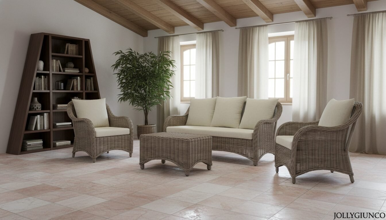 Poltrona Katrina in Kubu Grey10 jollygiuncoeu cozy living room with a wicker sofa set cream cushions a square wicker coffee table bookshelf and a potted plant by large windows