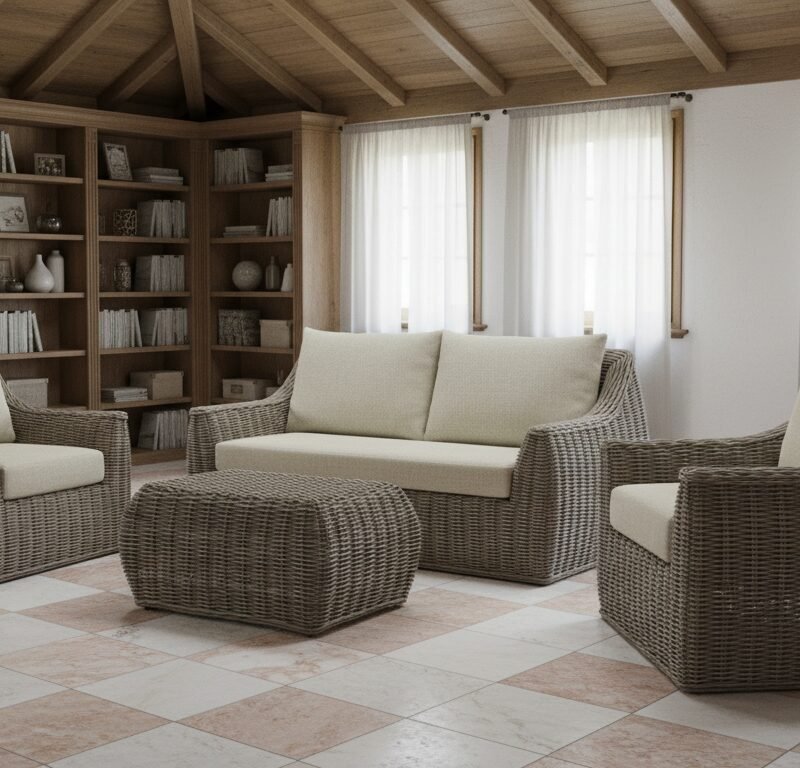 Cozy living room with a wicker sofa, two armchairs, and a woven coffee table on a tiled floor.