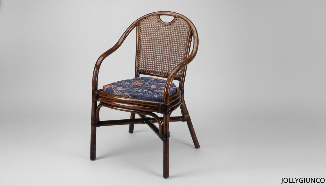 PoltroncinaRosariaconbraccioli1 jollygiuncoeu wooden cane back armchair with a blue floral cushion on a light gray studio backdrop