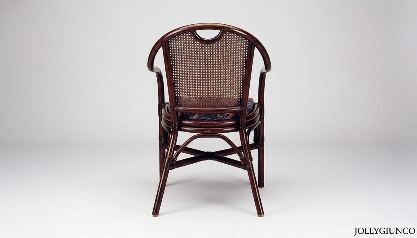 PoltroncinaRosariaconbraccioli2 jollygiuncoeu back view of a dark brown wicker chair with a woven cane back curved arms and a cushioned seat on a white studio floor