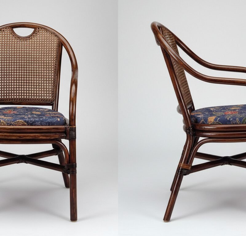 Two-view of a vintage dark wood chair with a caned back and a navy floral upholstered seat, front and side profiles.