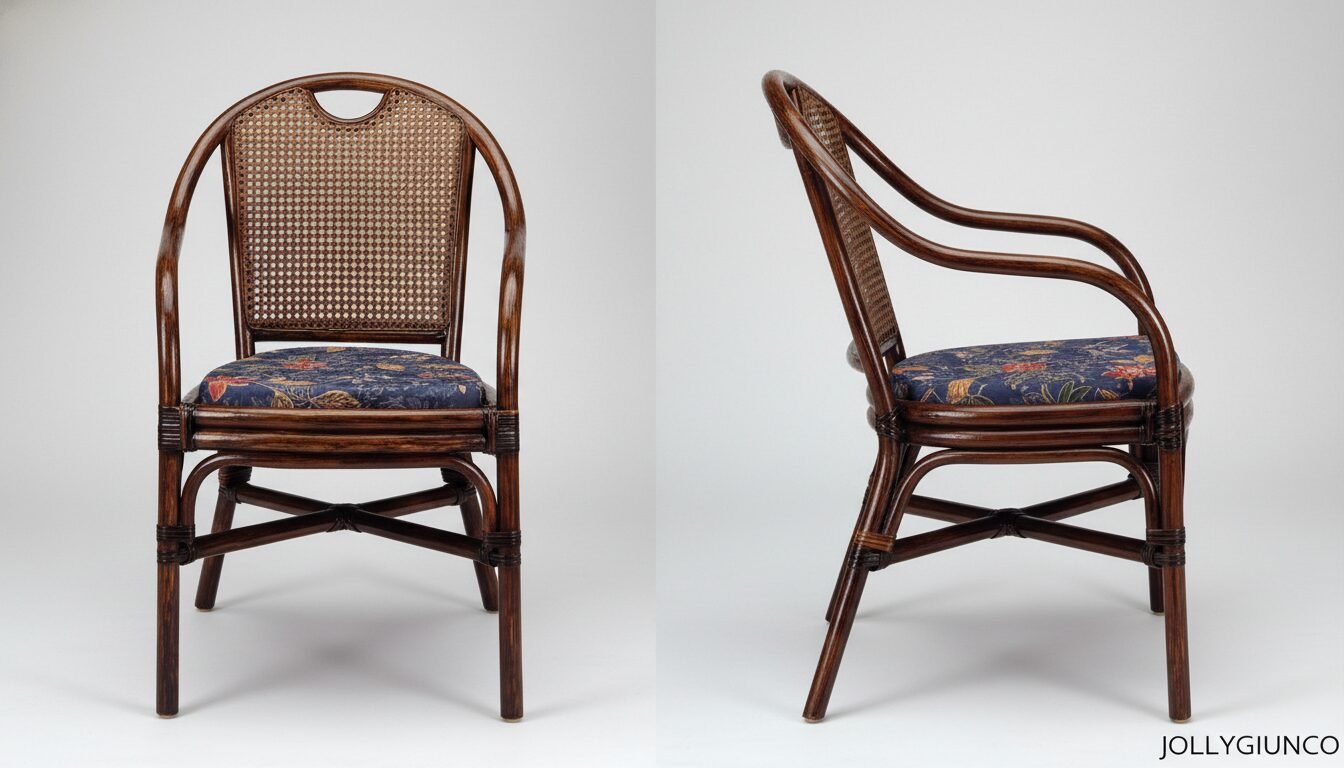 PoltroncinaRosariaconbraccioli3 jollygiuncoeu two view of a vintage dark wood chair with a caned back and a navy floral upholstered seat front and side profiles